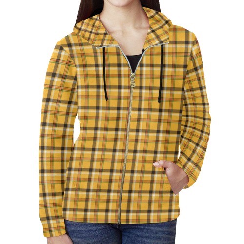 Yellow Tartan (Plaid) All Over Print Full Zip Hoodie for Women (Model H14)