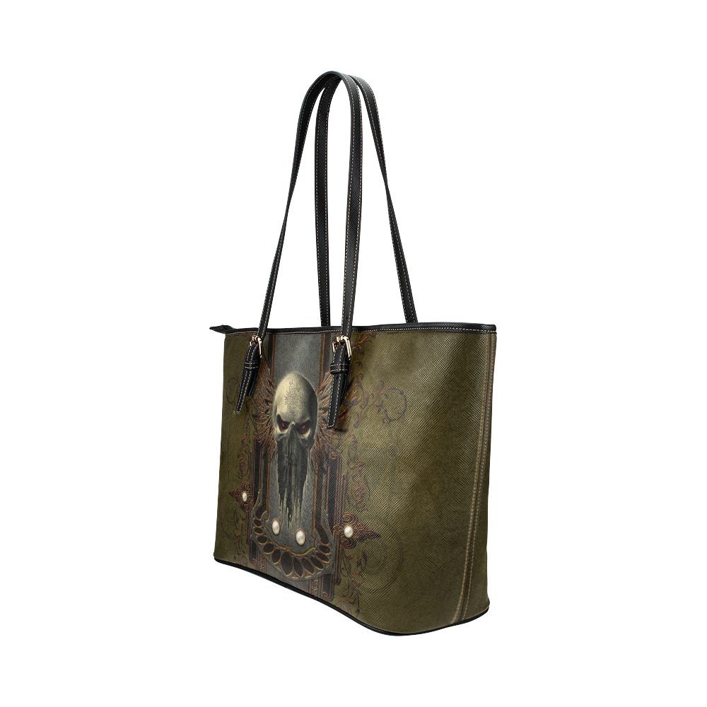 Awesome dark skull Leather Tote Bag/Large (Model 1651)