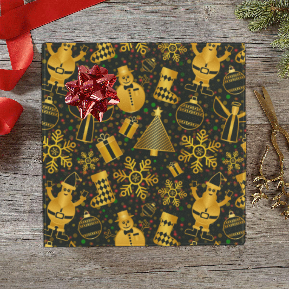 Golden Christmas Icons Gift Wrapping Paper 58"x 23" (5 Rolls)