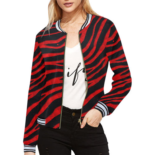 Ripped SpaceTime Stripes - Red All Over Print Bomber Jacket for Women (Model H21)