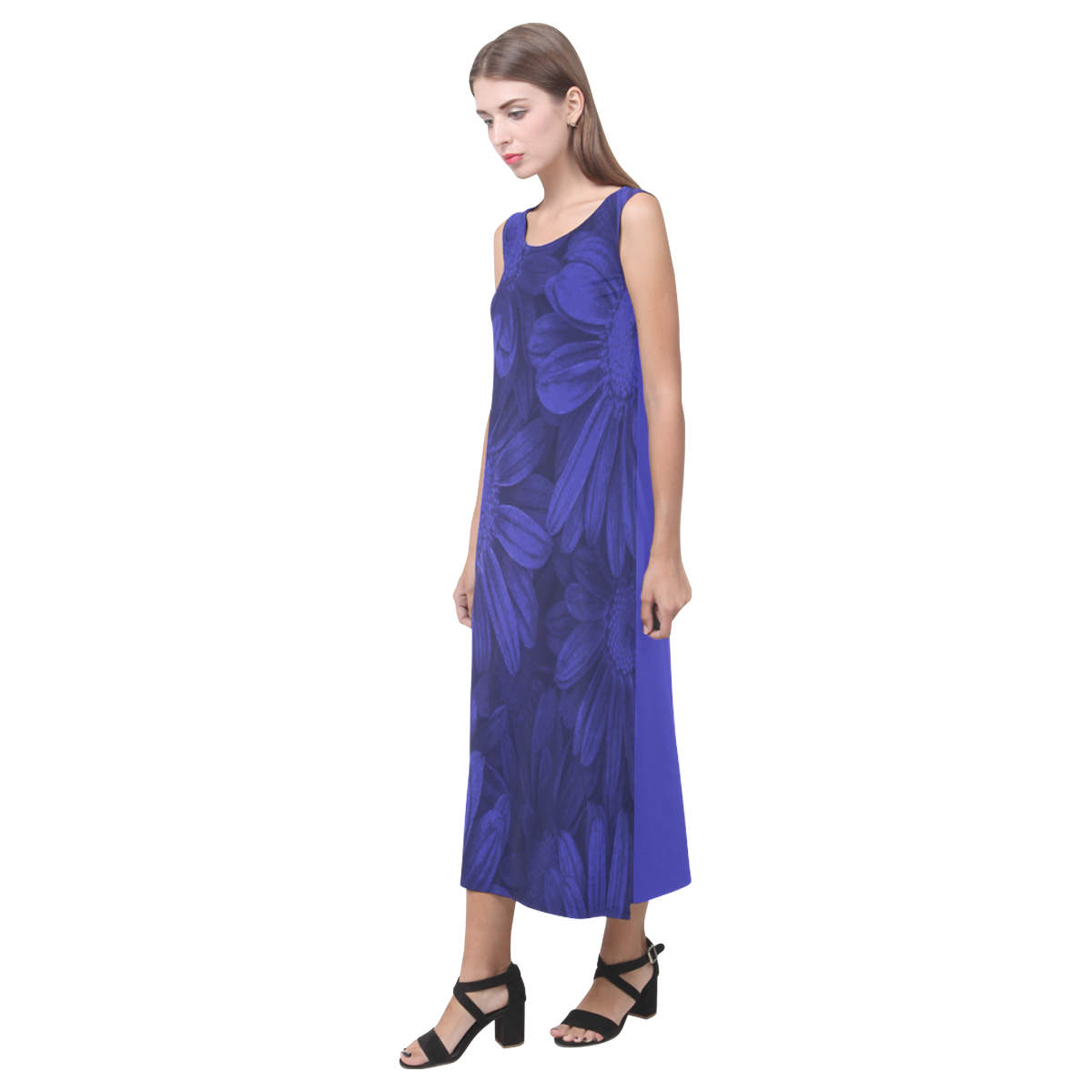Royal Blue Floral Midi Length Dress Phaedra Sleeveless Open Fork Long Dress (Model D08)