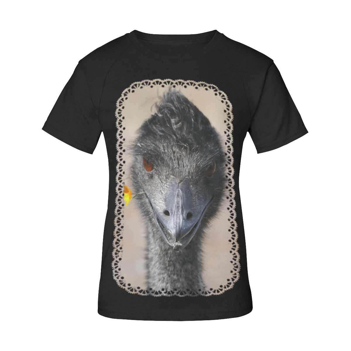 Happy Emu with yellow flower, photo Women's Raglan T-Shirt/Front Printing (Model T62)
