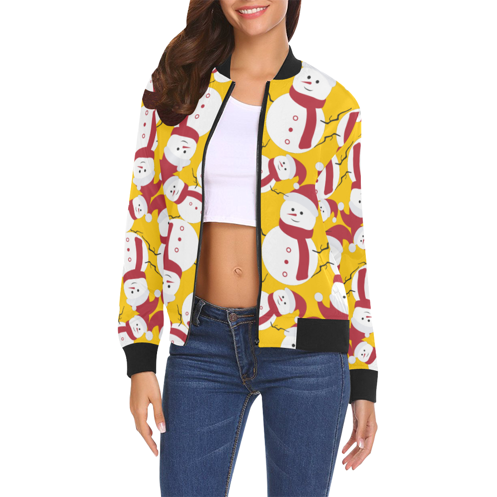 Snowman CHRISTMAS Pattern YELLOW All Over Print Bomber Jacket for Women (Model H19)