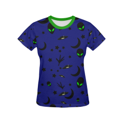 Alien Flying Saucers Stars Pattern on Blue/Green Trim All Over Print T-shirt for Women/Large Size (USA Size) (Model T40)