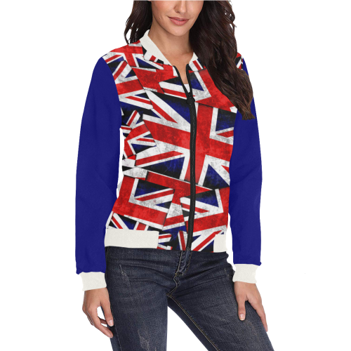 Union Jack British UK Flag (Vest Style) Blue All Over Print Bomber Jacket for Women (Model H36)