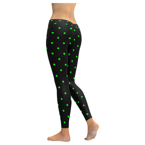 Green Polka Dots on Black Women's Low Rise Leggings (Invisible Stitch) (Model L05)