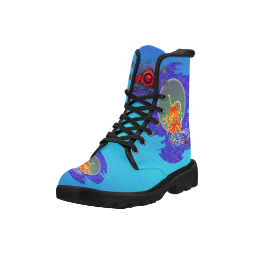 The Lowest of Low Japanese Angry Octopus Blue Waves Martin Boots for Women (Black) (Model 1203H)