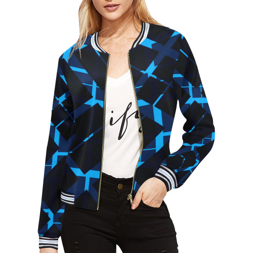 Diagonal Blue & Black Plaid Modern Style All Over Print Bomber Jacket for Women (Model H21)