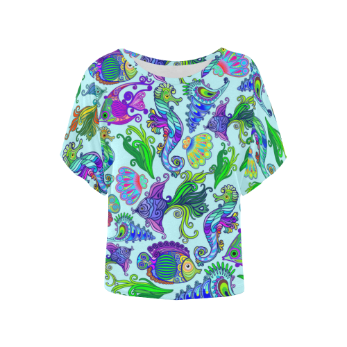 Marine Life Exotic Fishes & SeaHorses Women's Batwing-Sleeved Blouse T shirt (Model T44)