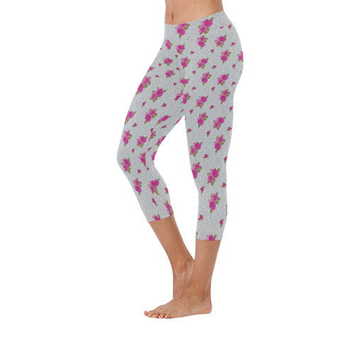 Roses and Pattern 1B by JamColors Women's Low Rise Capri Leggings (Invisible Stitch) (Model L08)
