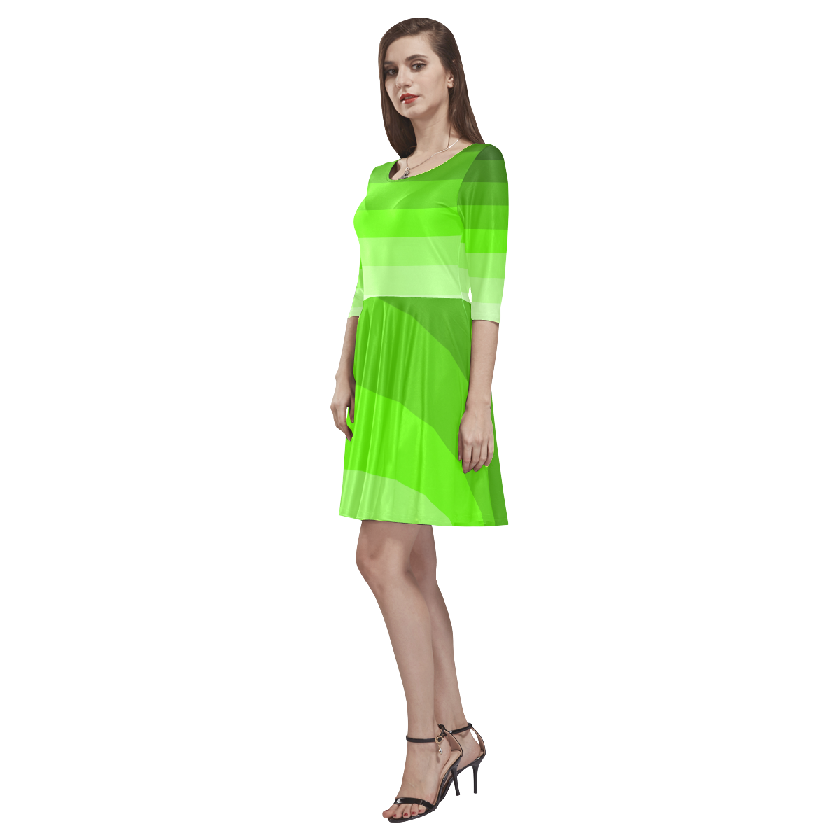 Green stripes Tethys Half-Sleeve Skater Dress(Model D20)