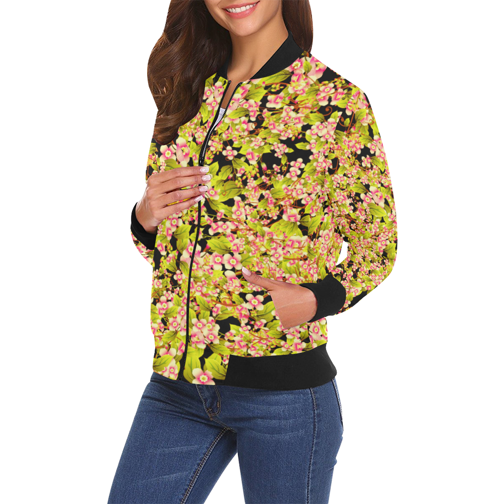 Flower Pattern All Over Print Bomber Jacket for Women (Model H19)