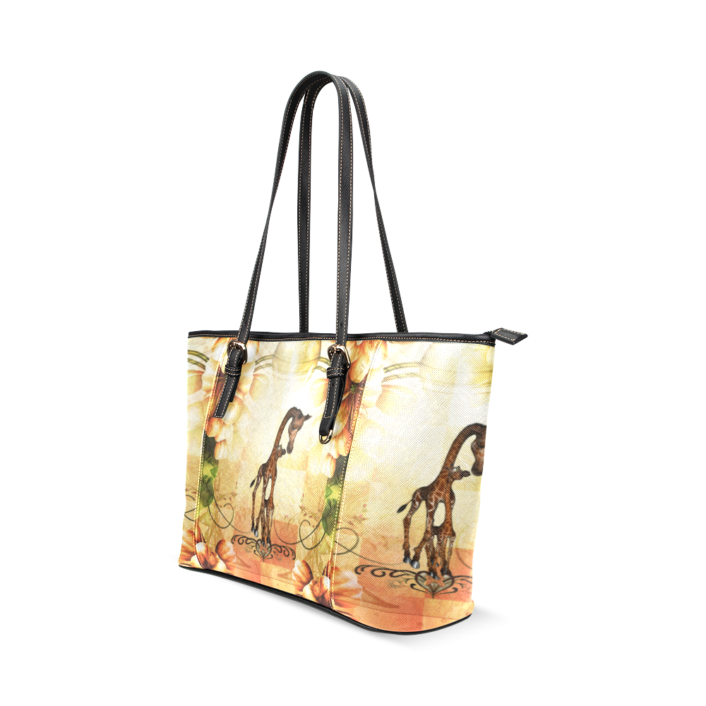 Cute giraffe mum with baby Leather Tote Bag/Small (Model 1640)