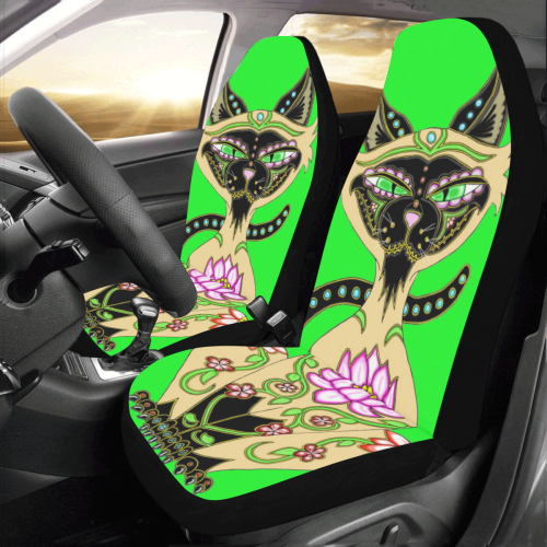 Siamese Cat Sugar Skull Neon Green Car Seat Covers (Set of 2)