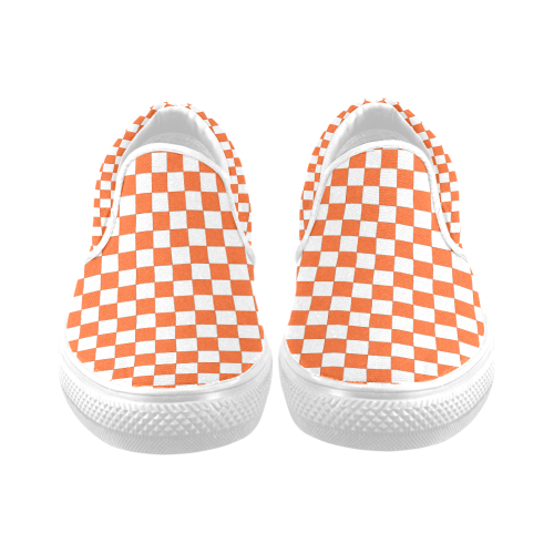 Checkerboard Orange and White Women's Unusual Slip-on Canvas Shoes (Model 019)