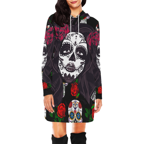 mexican skull lady All Over Print Hoodie Mini Dress (Model H27)