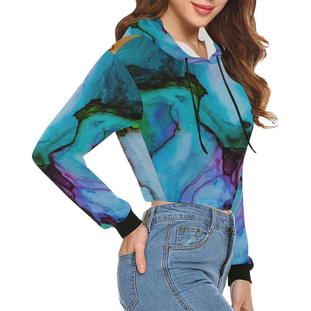 Blue green ink All Over Print Crop Hoodie for Women (Model H22)