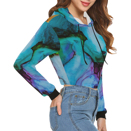 Blue green ink All Over Print Crop Hoodie for Women (Model H22)