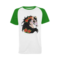 Sugar Skull Horse Red Roses Green Men's Raglan T-shirt Big Size (USA Size) (Model T11)