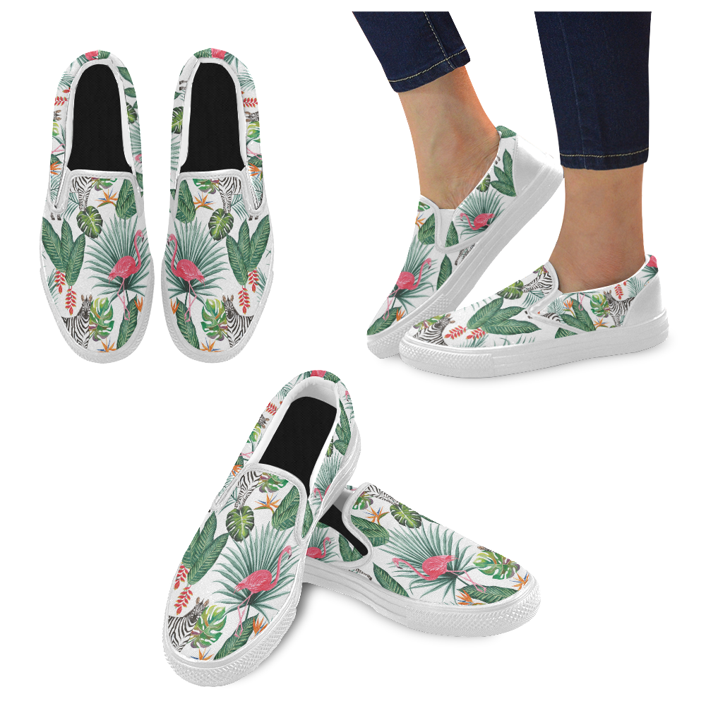 Awesome Flamingo And Zebra Women's Slip-on Canvas Shoes (Model 019)