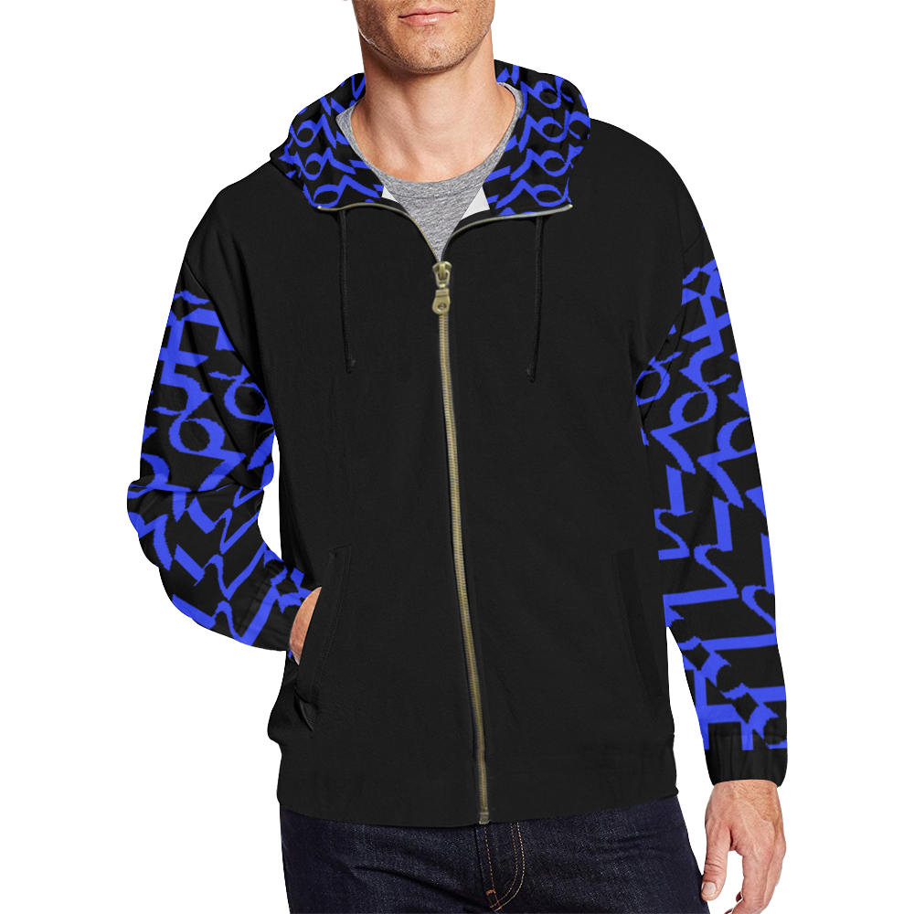 NUMBERS Collection 1234567 Slevees/Hood "Reverse" Blueberry/Black All Over Print Full Zip Hoodie for Men (Model H14)