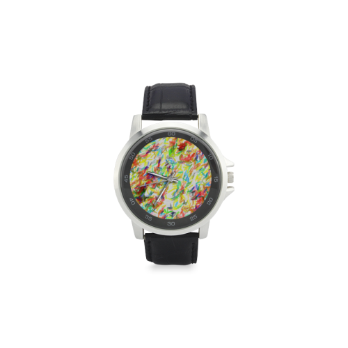 Colorful brush strokes Unisex Stainless Steel Leather Strap Watch(Model 202)