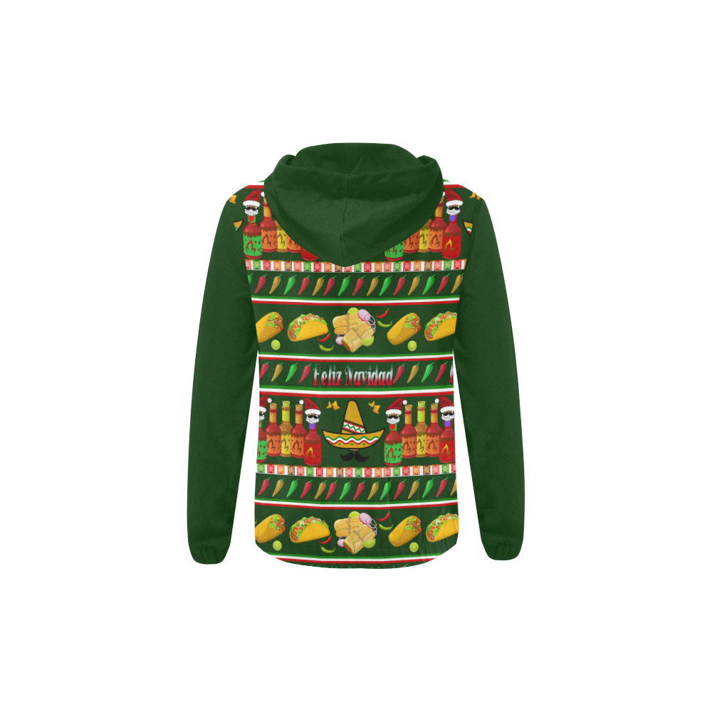 Feliz Navidad Ugly Sweater (Vest Style) Green All Over Print Full Zip Hoodie for Kid (Model H14)