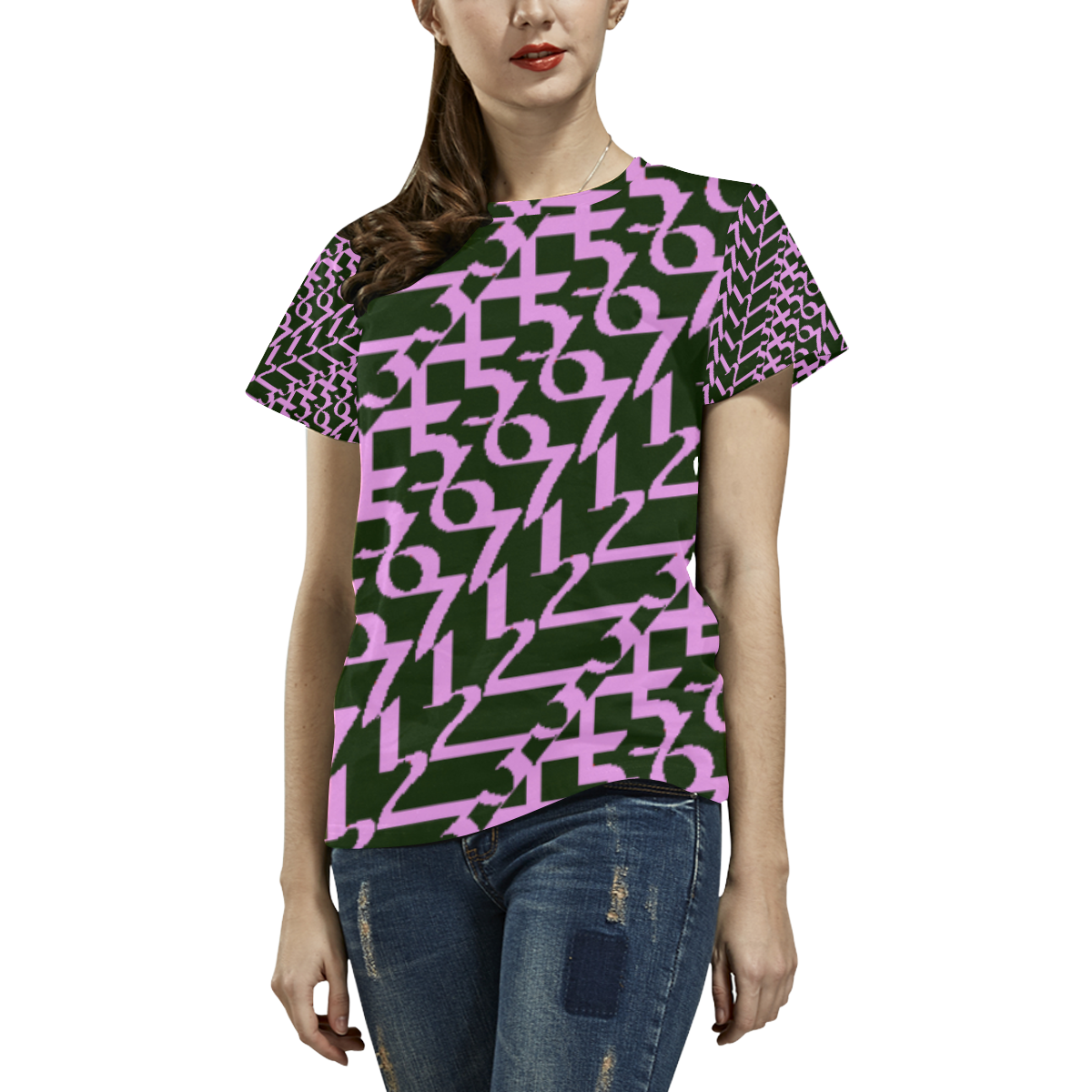NUMBERS Collection 1234567 PINK/BLACK All Over Print T-Shirt for Women (USA Size) (Model T40)