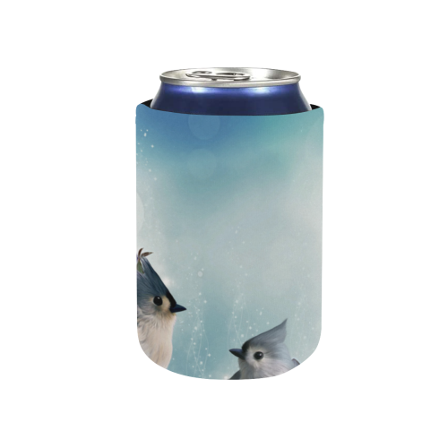 Cute birds with blue flowers Neoprene Can Cooler 4" x 2.7" dia.