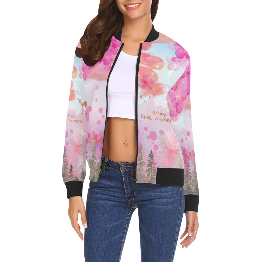 Little Deer in the Magic Pink Forest All Over Print Bomber Jacket for Women (Model H19)