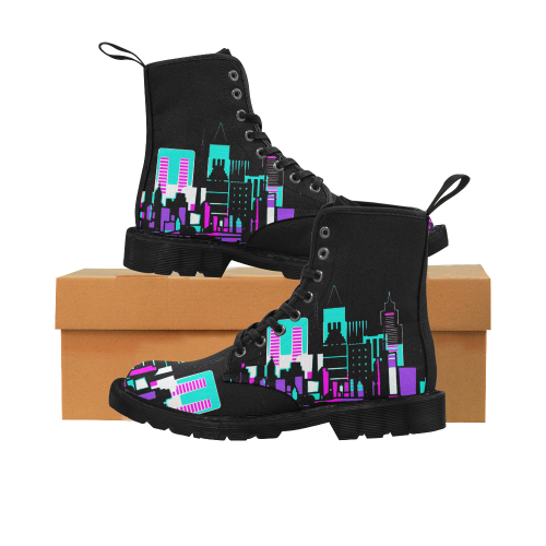 architecture skyline turquoise lila pink Martin Boots for Women (Black) (Model 1203H)