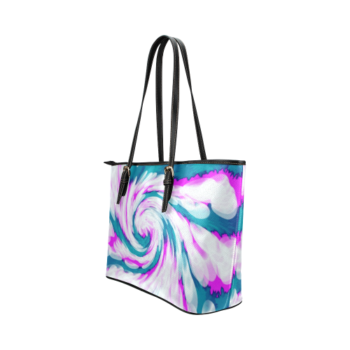 Turquoise Pink Tie Dye Swirl Abstract Leather Tote Bag/Large (Model 1651)
