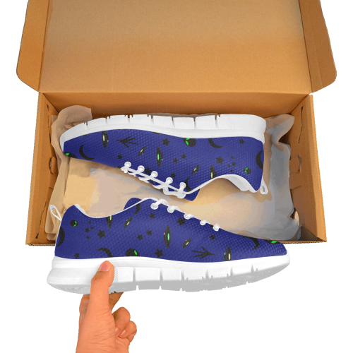Alien Flying Saucers Stars Pattern (Blue/White) Women's Breathable Running Shoes/Large (Model 055)
