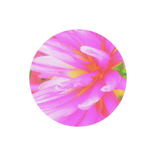 Fiery Hot Pink and Yellow Cactus Dahlia Round Mousepad