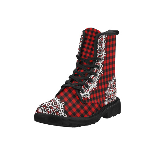 Red Buffalo Plaid And Lace Martin Boots for Women (Black) (Model 1203H)