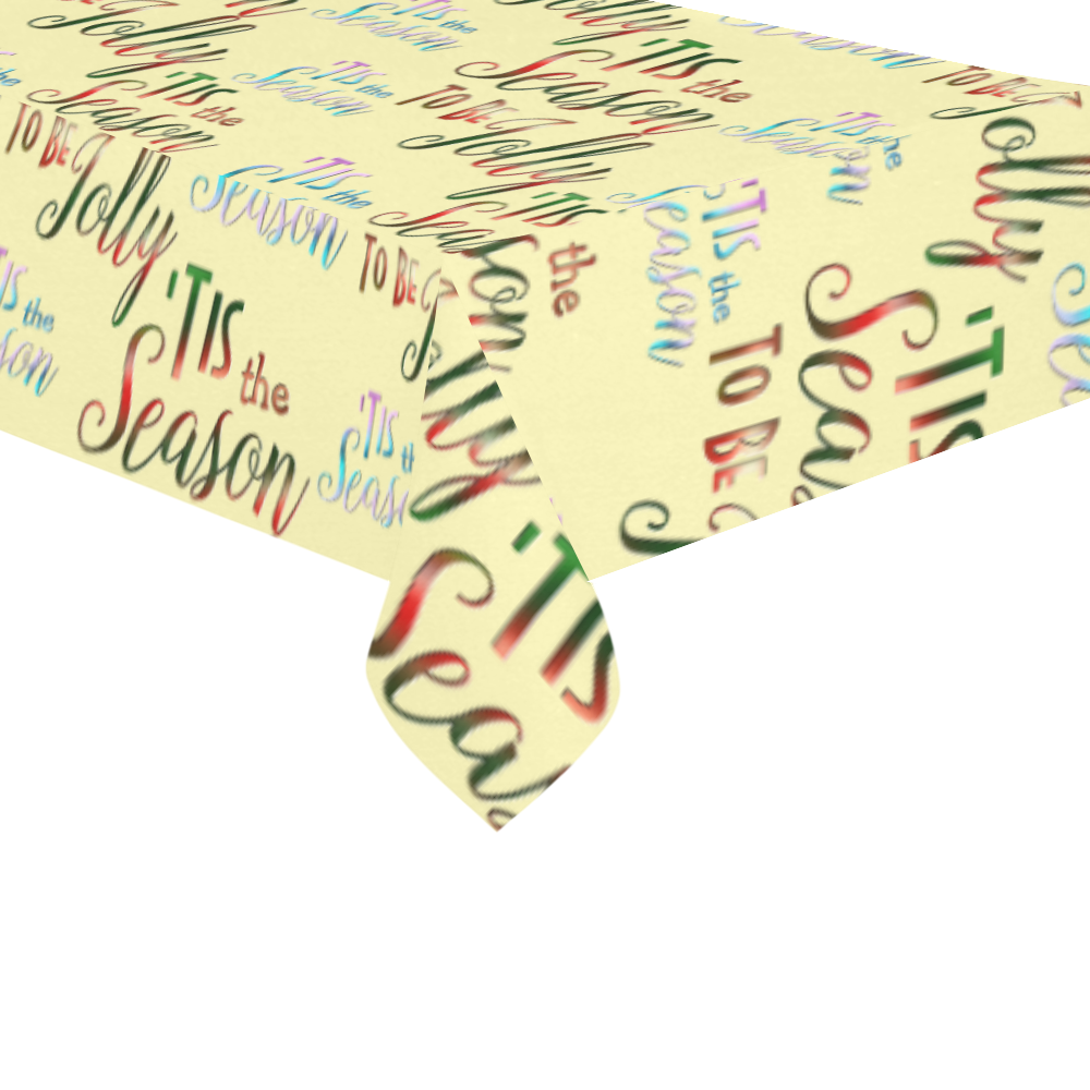 Christmas 'Tis The Season Pattern on Yellow Cotton Linen Tablecloth 60"x120"