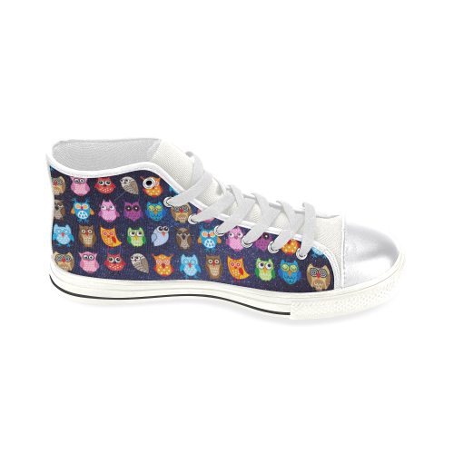 Colorful Owls on a Starry Night White Women's Classic High Top Canvas Shoes (Model 017)