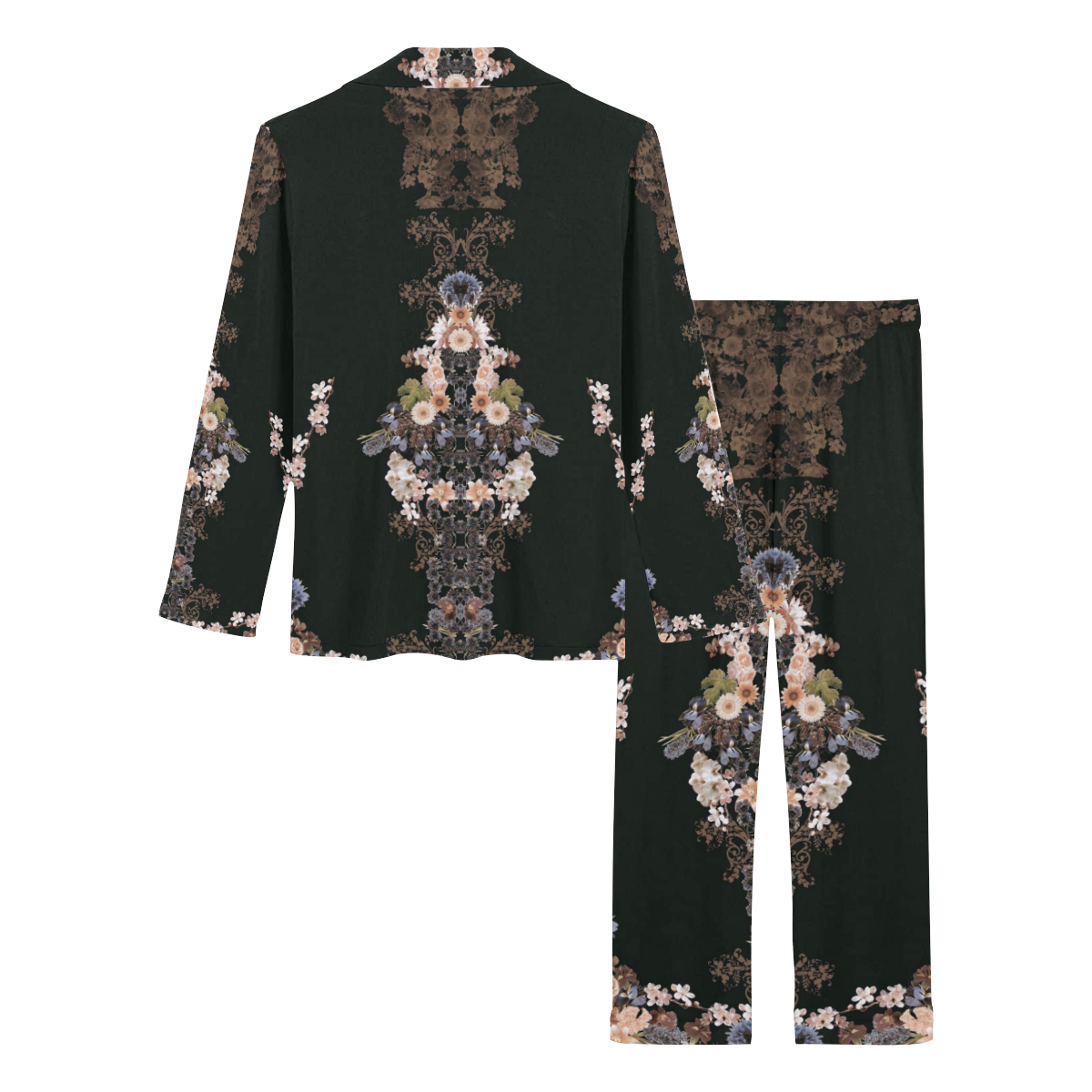 floral-black and peach Women's Long Pajama Set