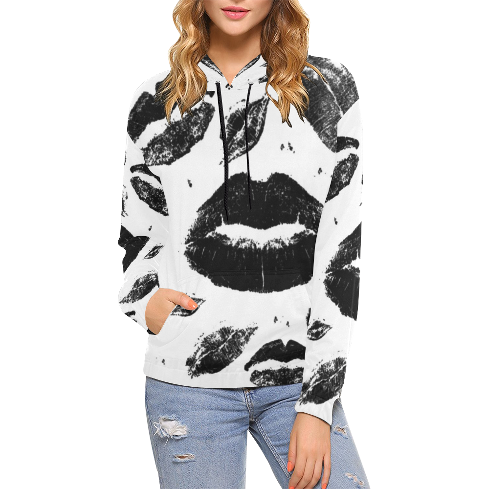 Kisses All Over (Black & White) All Over Print Hoodie for Women (USA Size) (Model H13)