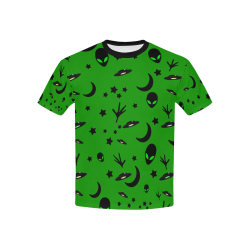 Alien Flying Saucers Stars Pattern on Green Kids' All Over Print T-Shirt with Solid Color Neck (Model T40)