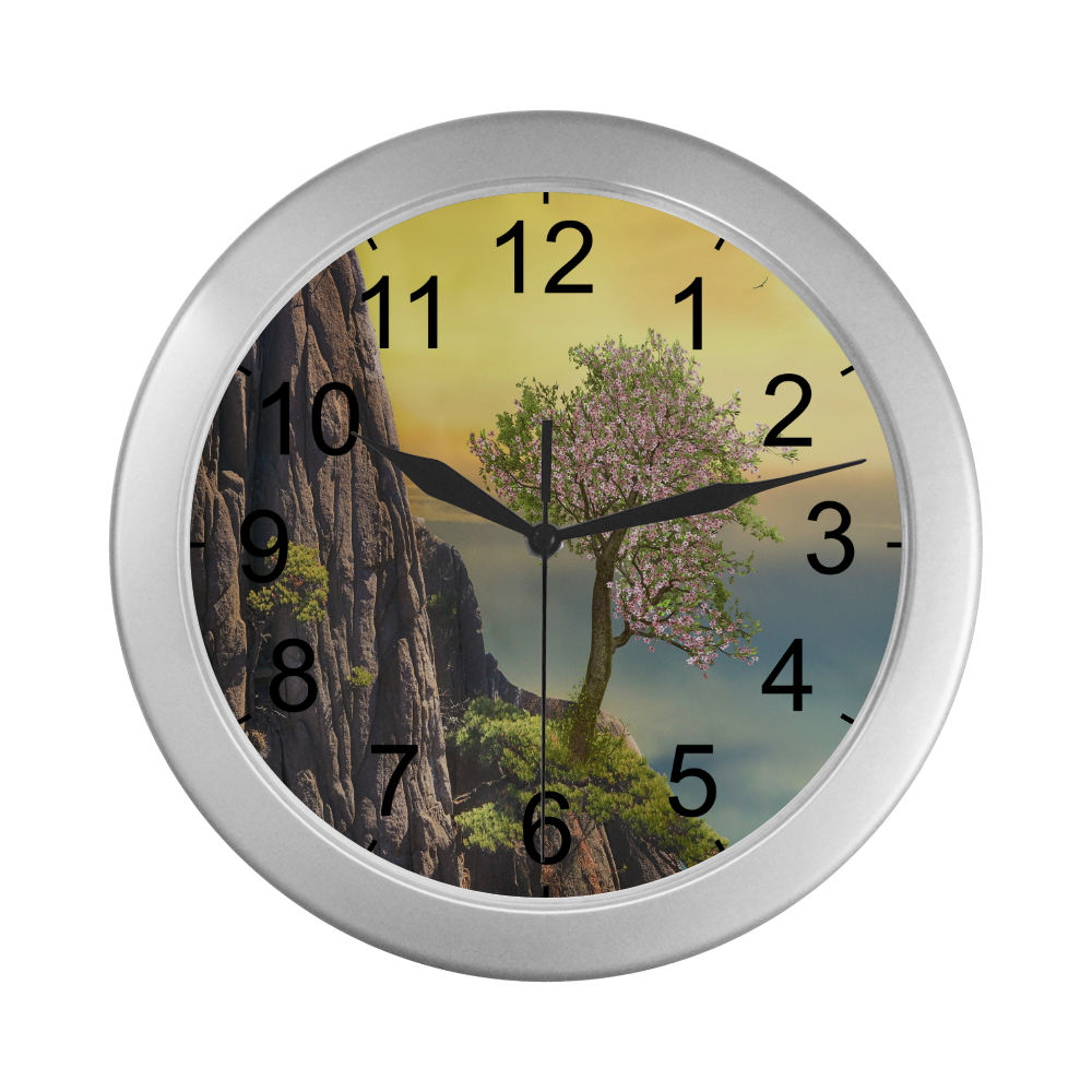 Mountain And A Cherry Tree Silver Color Wall Clock