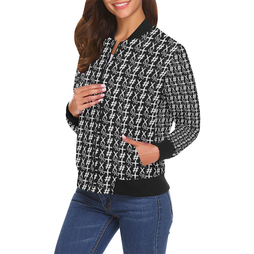 NUMBERS Collection Symbols Black/White All Over Print Bomber Jacket for Women (Model H19)