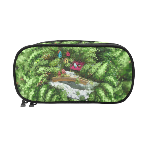 Birds and nest boxes in fairy tale garden, kids Pencil Pouch/Large (Model 1680)