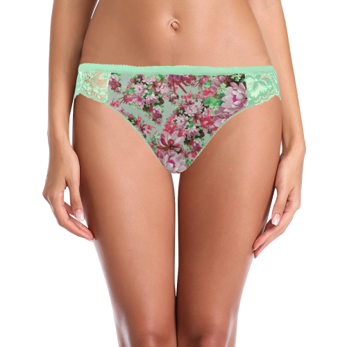 Pink And Green Floral Mint Green Women's Lace Panty (Model L41)