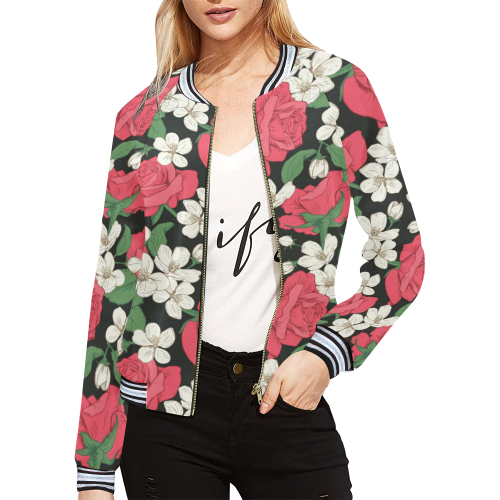 Pink, White and Black Floral All Over Print Bomber Jacket for Women (Model H21)