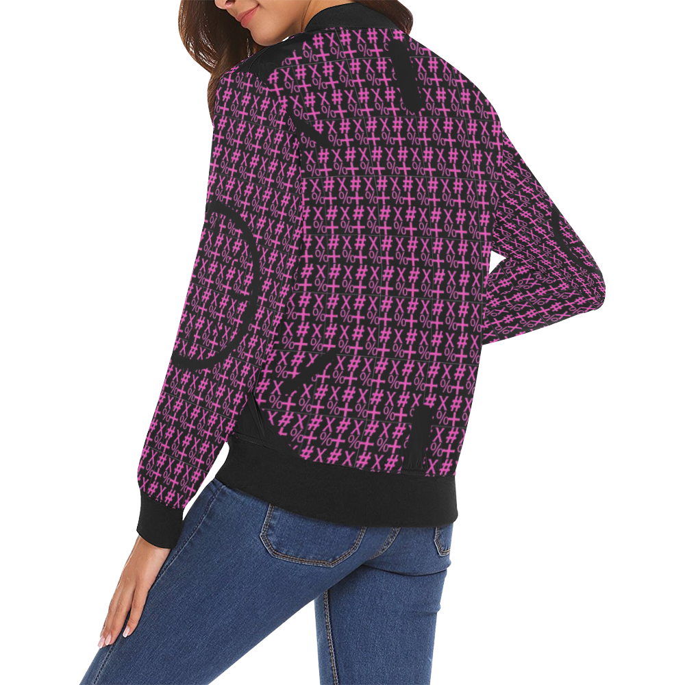 NUMBERS Collection Symbols Circle + x Black/Pink All Over Print Bomber Jacket for Women (Model H19)