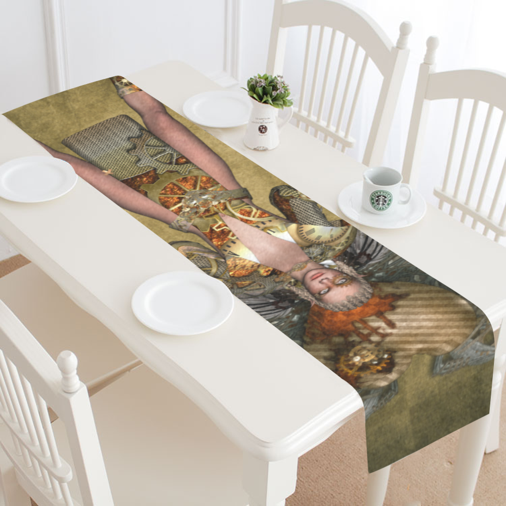 Steampunk lady with clocks and gears Table Runner 14x72 inch