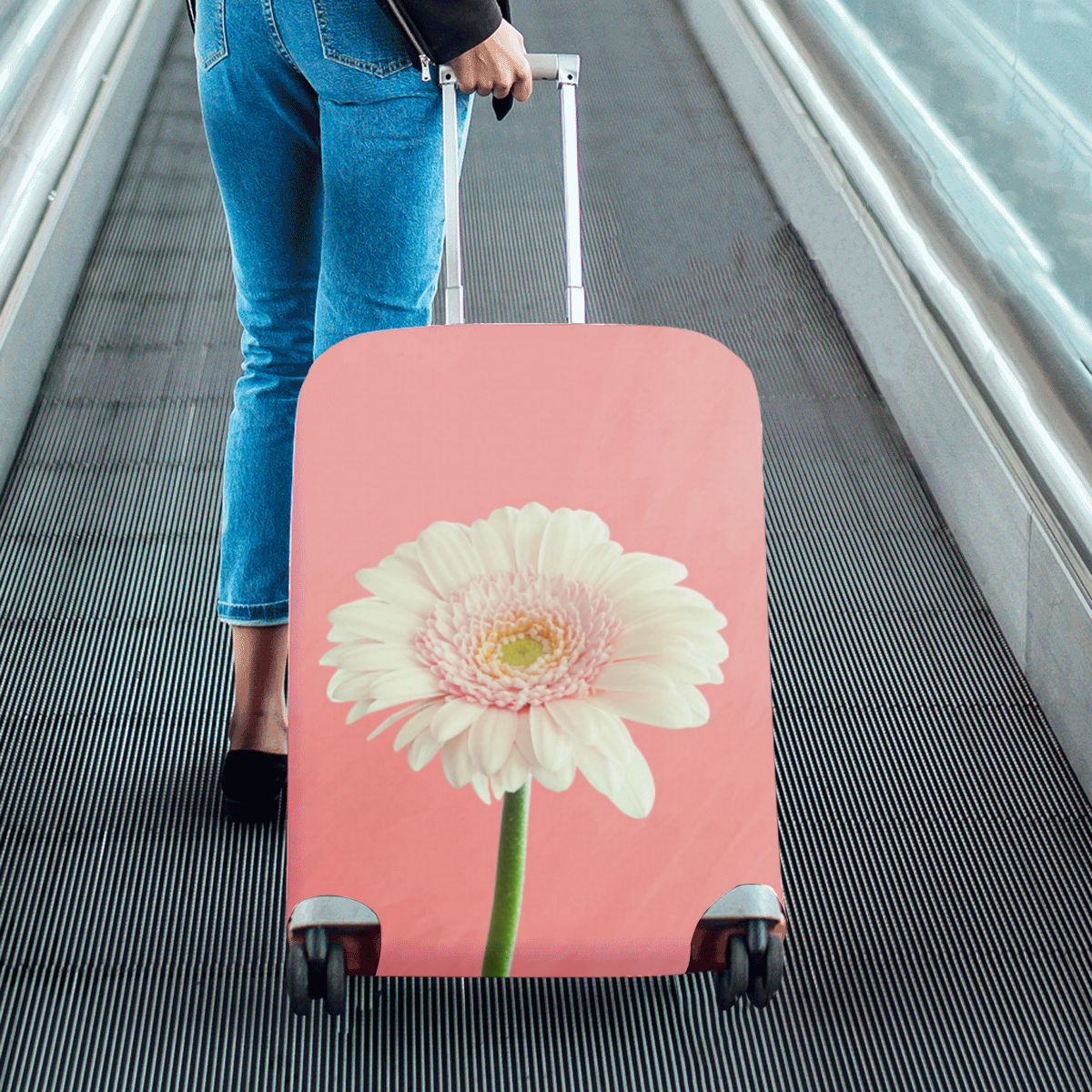 Gerbera Daisy - White Flower on Coral Pink Luggage Cover/Medium 22"-25"