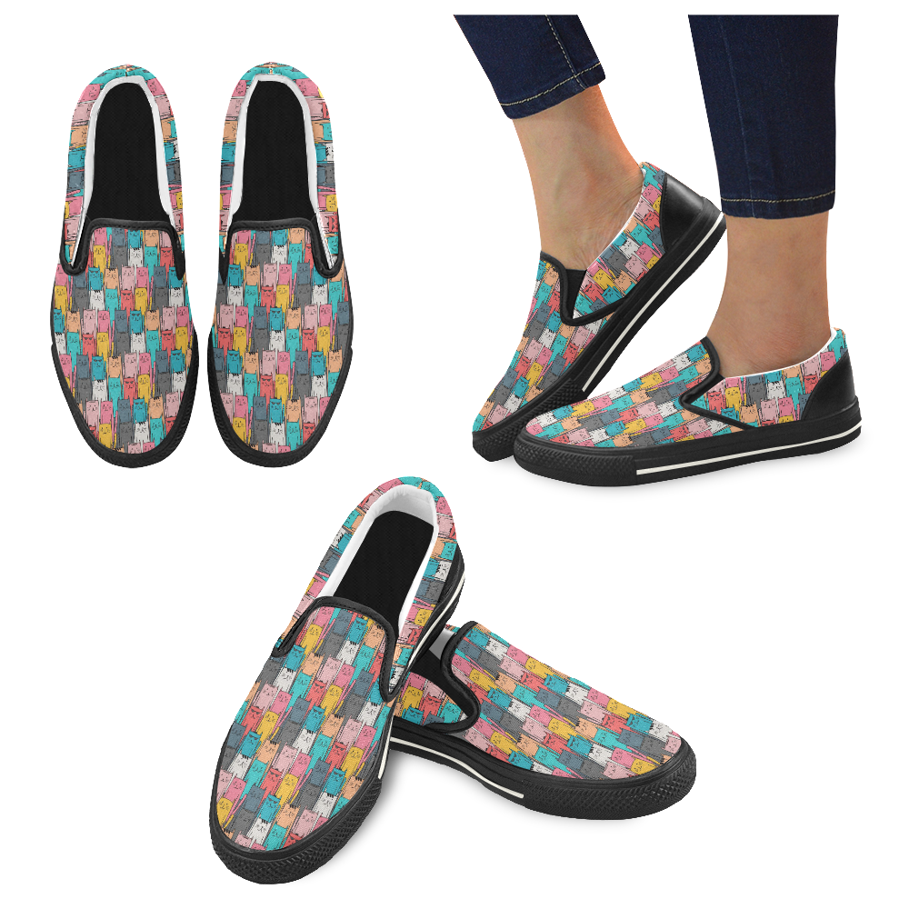 Cartoon Cat Pattern Women's Unusual Slip-on Canvas Shoes (Model 019)