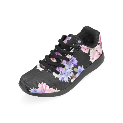 Lilac flowers On black Men's Running Shoes/Large Size (Model 020)